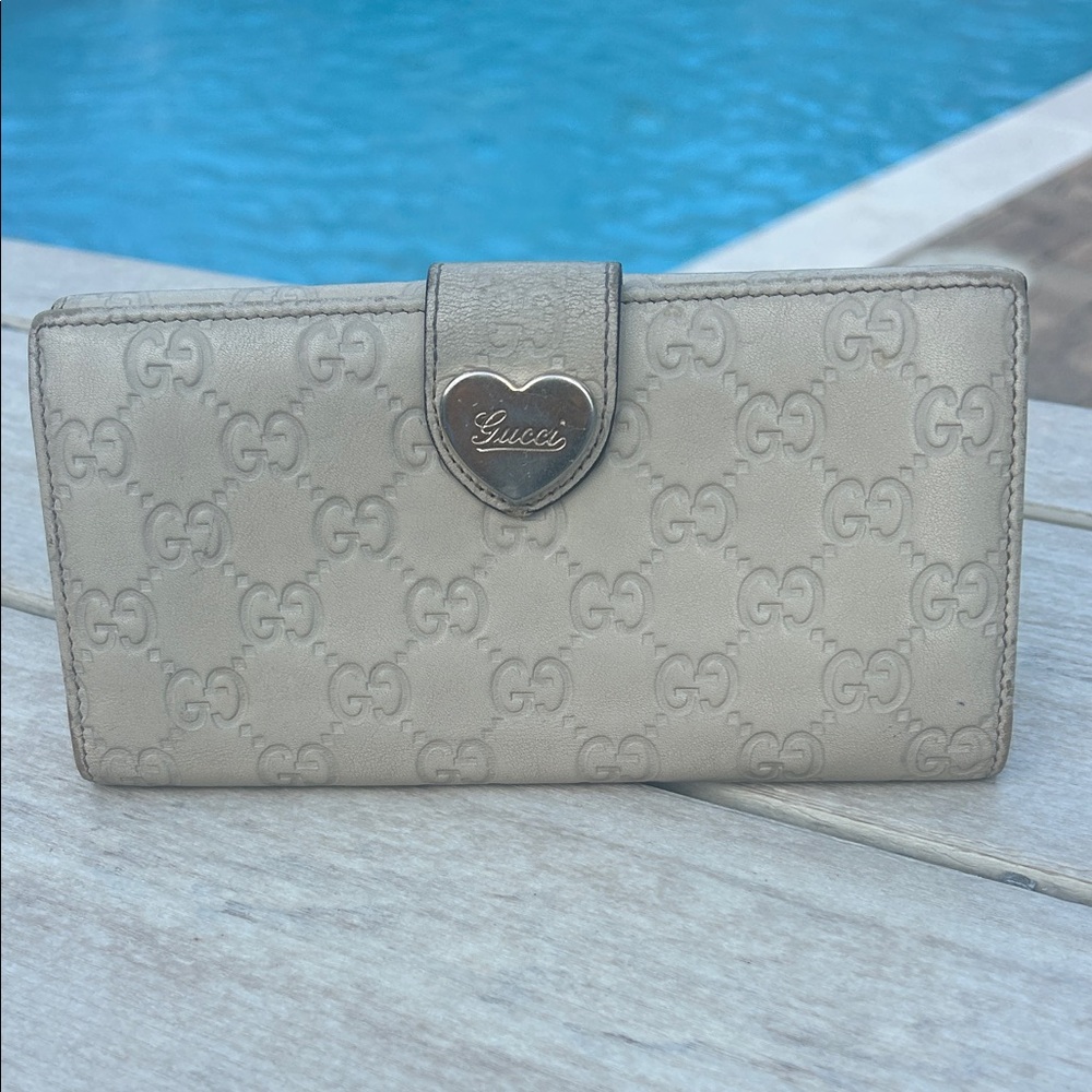 Gucci Beige Embossed Wallet with Heart Accent